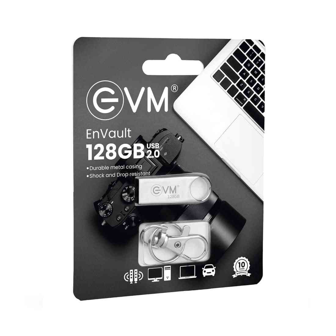 Pendrive EVM EnVault 128GB Metal USB 2.0 Flash Drive | Fast Data Transfer & Reliable Storage Solution, High Performance with up to 25MB/s Read, Durable Metallic Black Casing, Silver