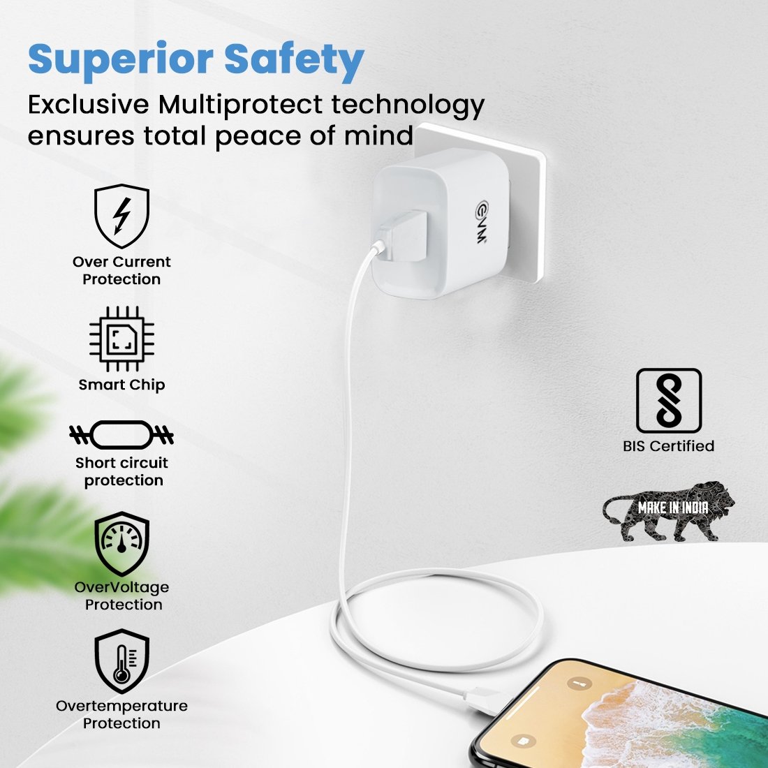 Charger EVM USB with Type C Cable EVM-CH-02 Smart Charger | For Android Smartphone, 5V Fast Charger, 2.4A Output, BIS Certified, Over Current & Short Circuit Protection, Surge Protection, White