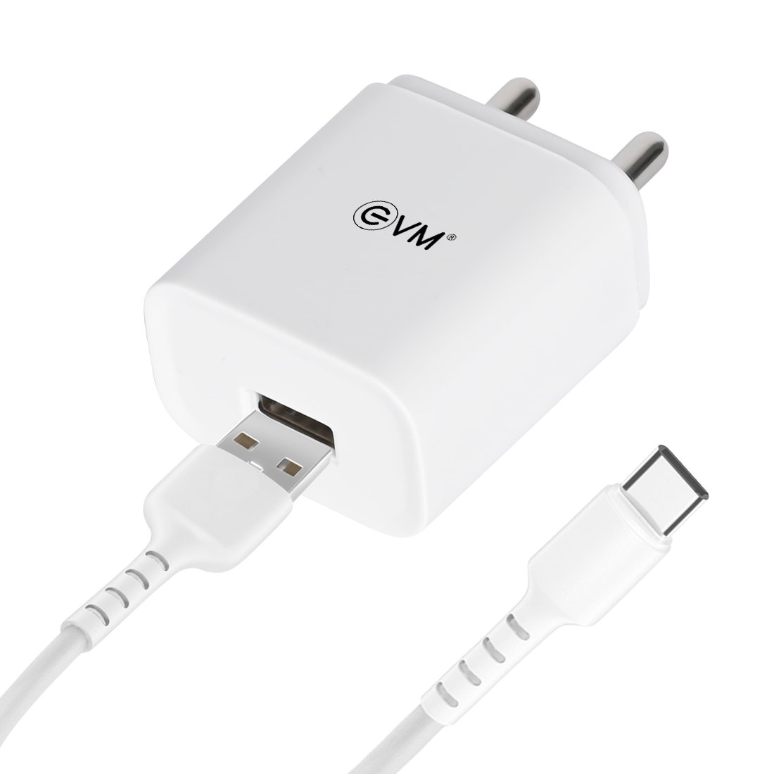 Charger EVM USB with Type C Cable EVM-CH-02 Smart Charger | For Android Smartphone, 5V Fast Charger, 2.4A Output, BIS Certified, Over Current & Short Circuit Protection, Surge Protection, White