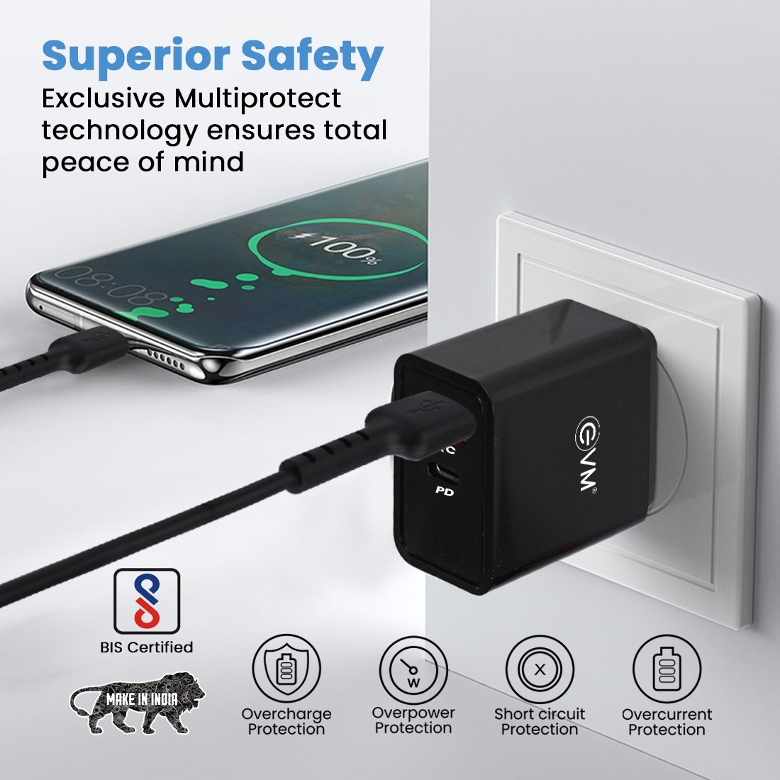 Charger EVM Enspeed EVM-QC+PD P22 | 22.5W With Type C Cable, White