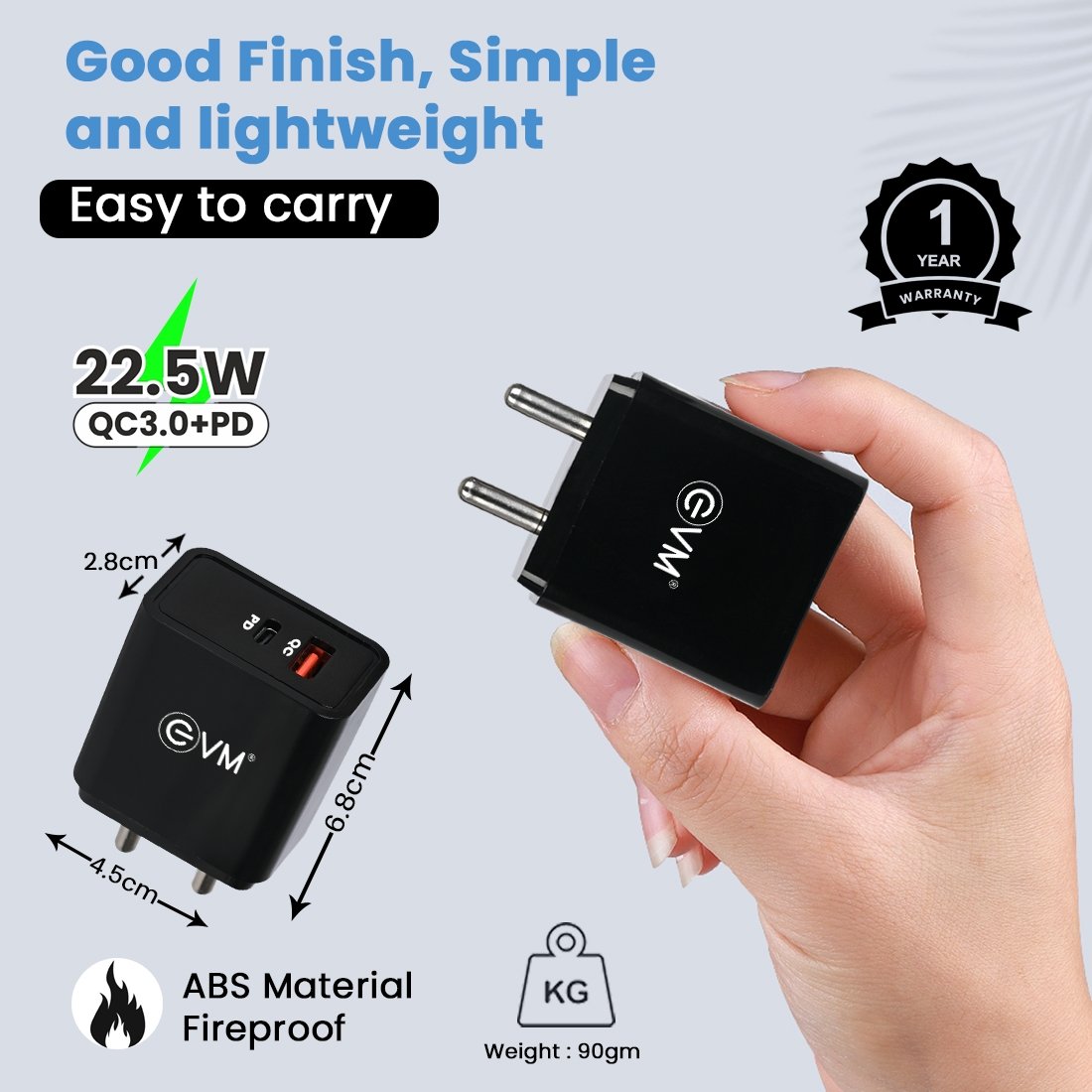 Charger EVM Enspeed EVM-QC+PD P22 | 22.5W With Type C Cable, White