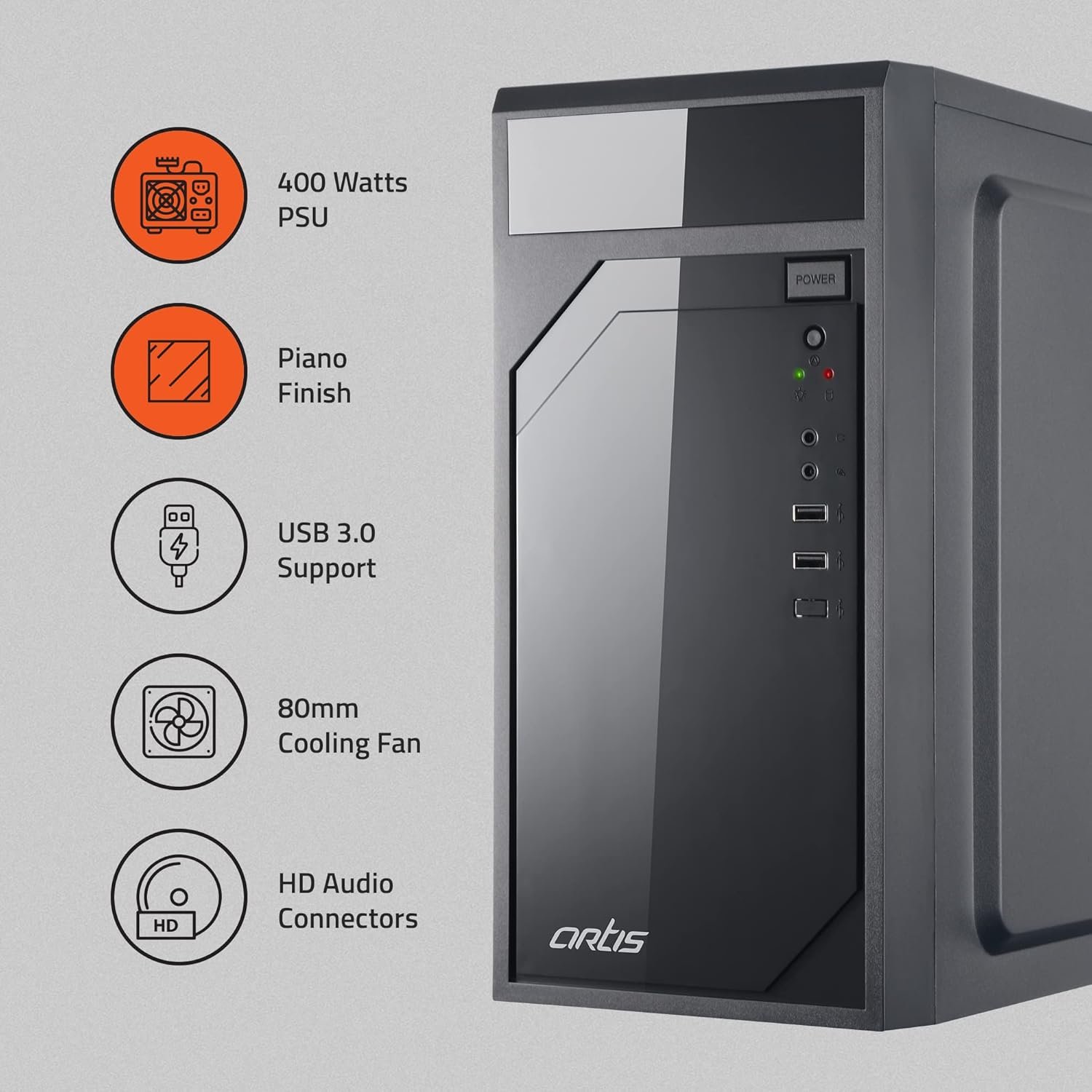 Cabinet Artis 2620 3.0 (2x2.0+1x3.0) USB Computer Cabinet | Support Micro ATX Motherboard, 1 X 80mm Fan With 400C Plus Power Supply