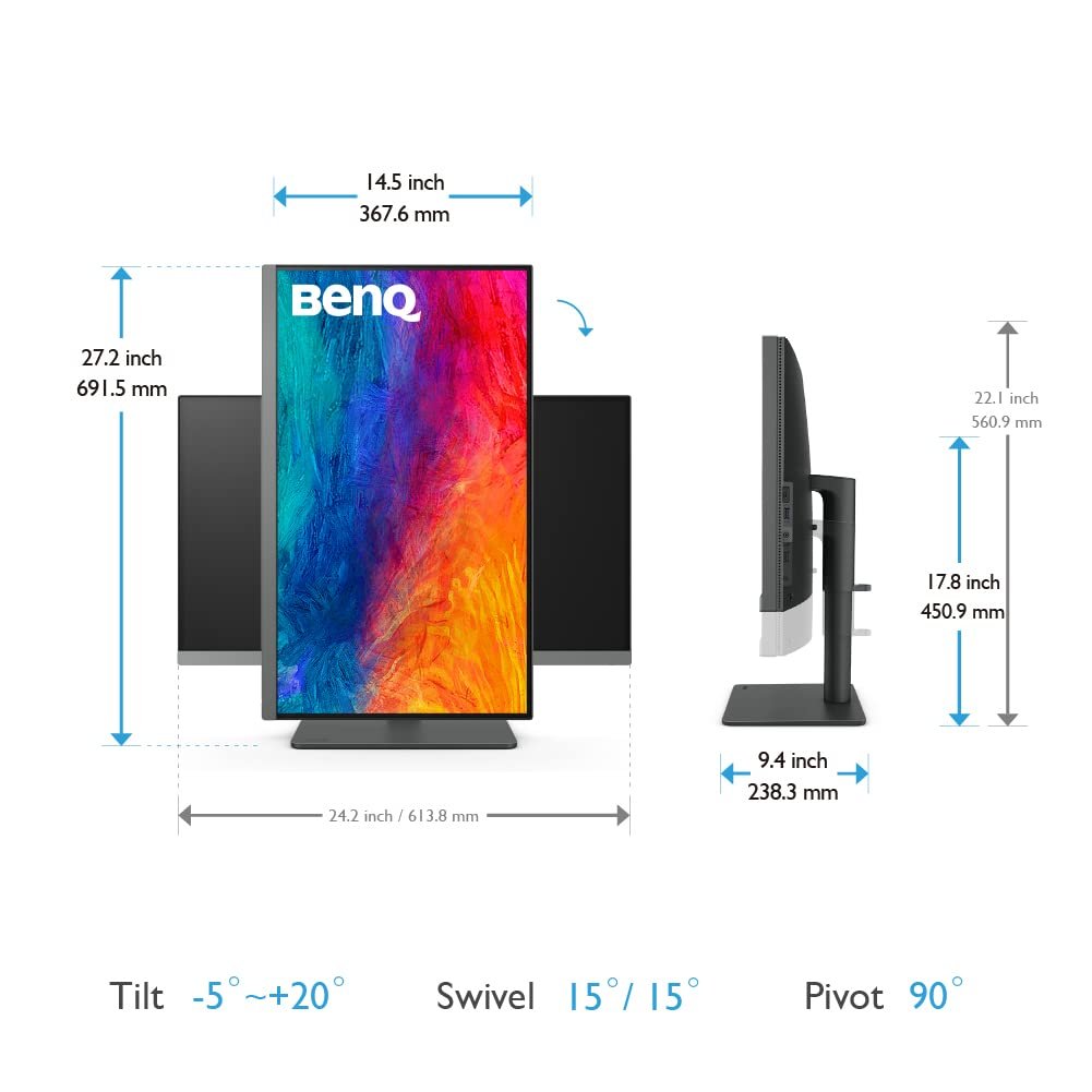 Monitor BenQ 27 Inch (68.58cm) PD2706U | IPS HDR10 4K ( 3840 x 2160) Monitor, 99% Rec709, 99% sRGB, 95% P3, Pantone Skintone, Calman Verified, CAD/ CAM & Animation Mode, KVM, Auto Pivot, PIP/ PBP, USB Hub, HDMI, DP Port, USB-C, 90W PD, VESA, Dark Grey