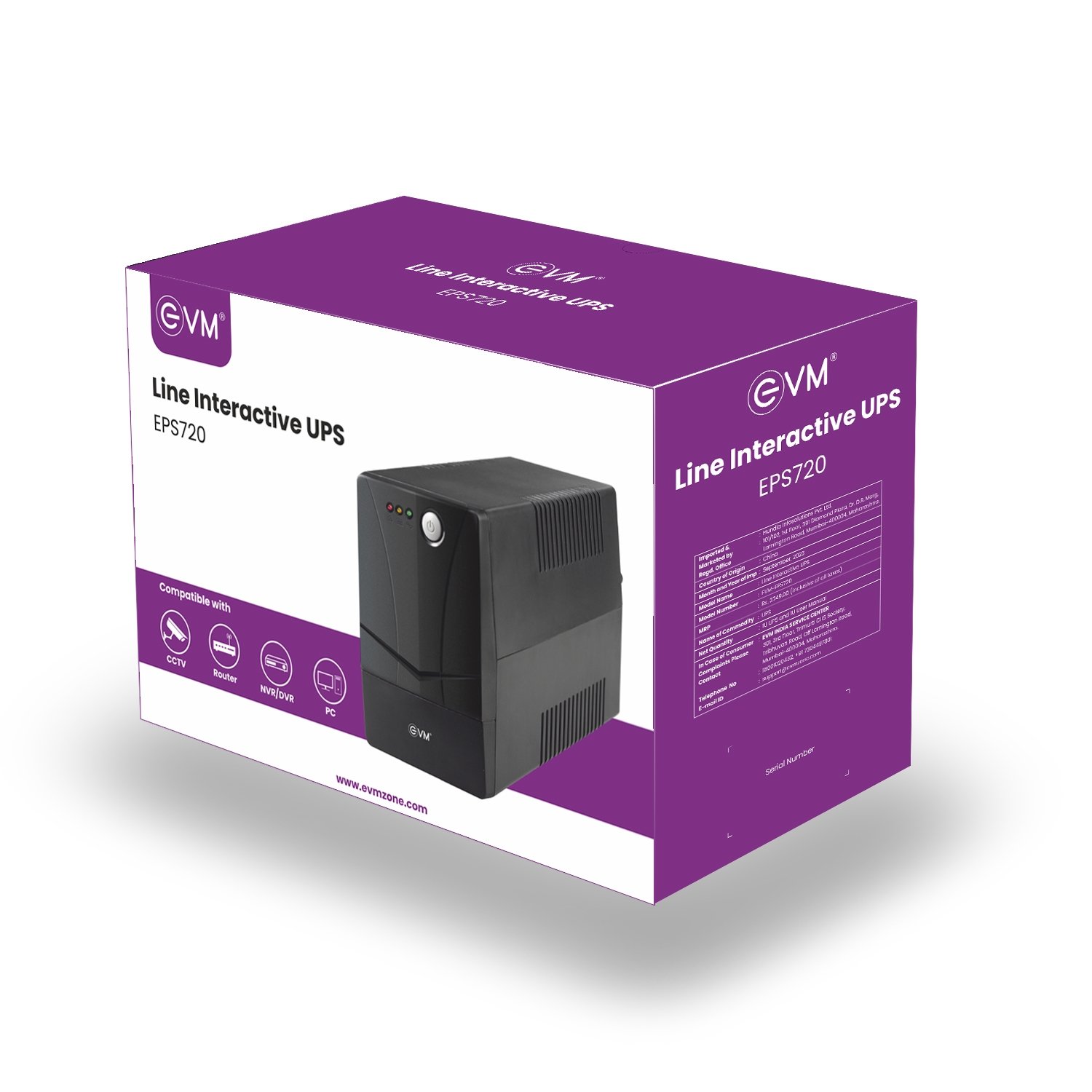 Ups EVM EPS-720 600VA | Line interactive UPS With battery, Compatible With CCTV, Router, PC, NVR / DVR, Black