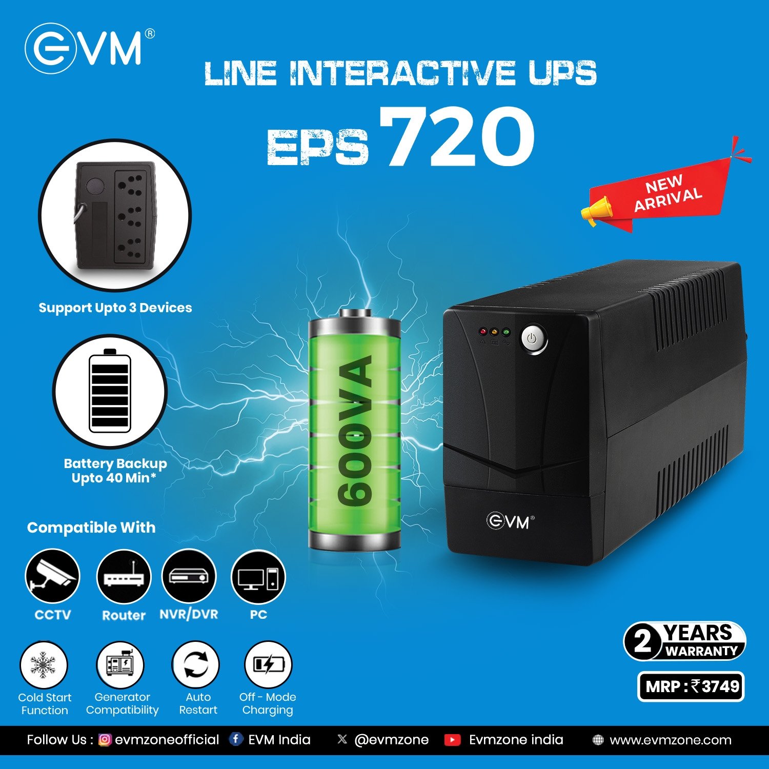 Ups EVM EPS-720 600VA | Line interactive UPS With battery, Compatible With CCTV, Router, PC, NVR / DVR, Black