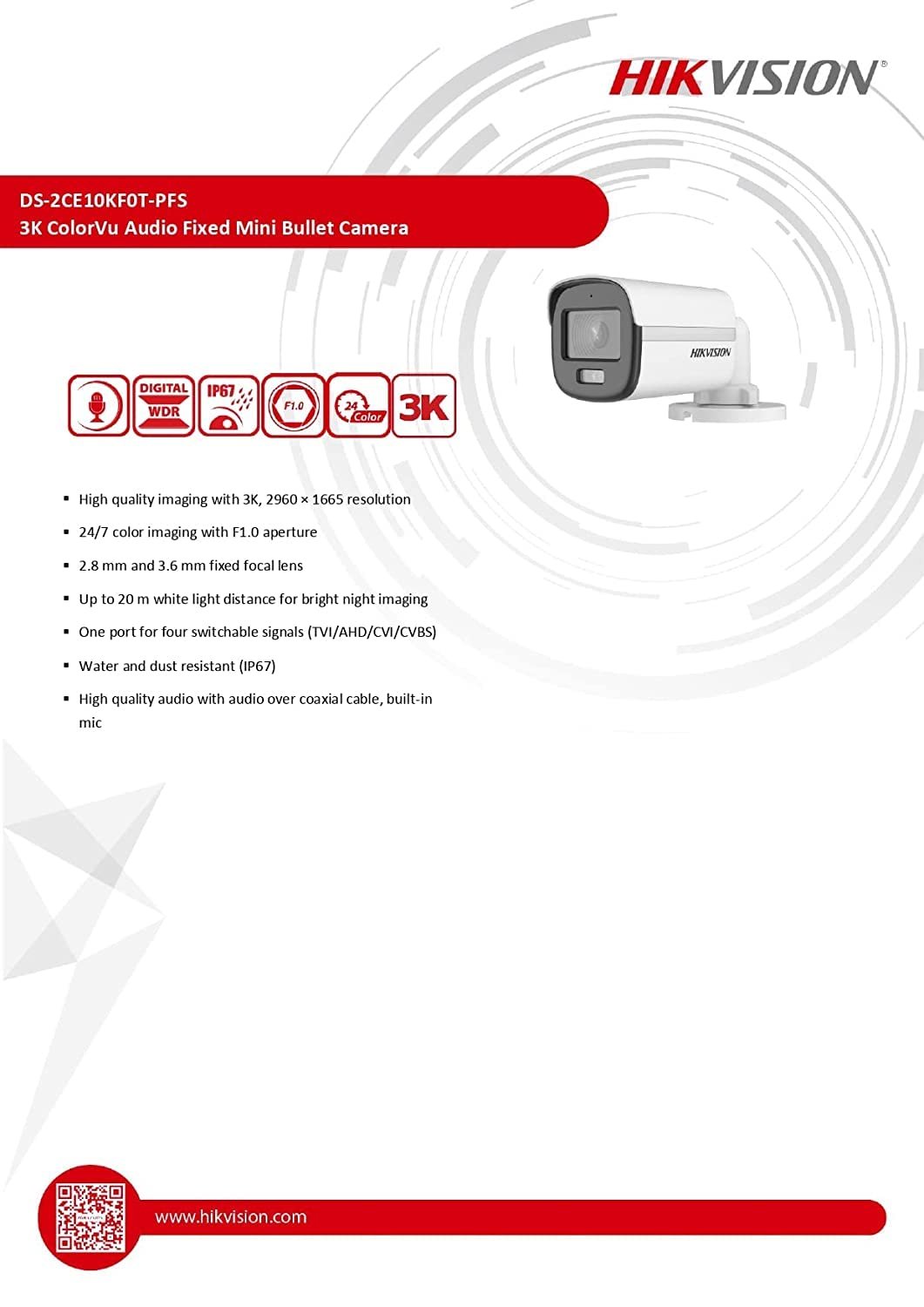 Security camera Hikvision 3K ColorVu Audio Fixed Mini Bullet Camera DS-2CE10KF0T-PFS |