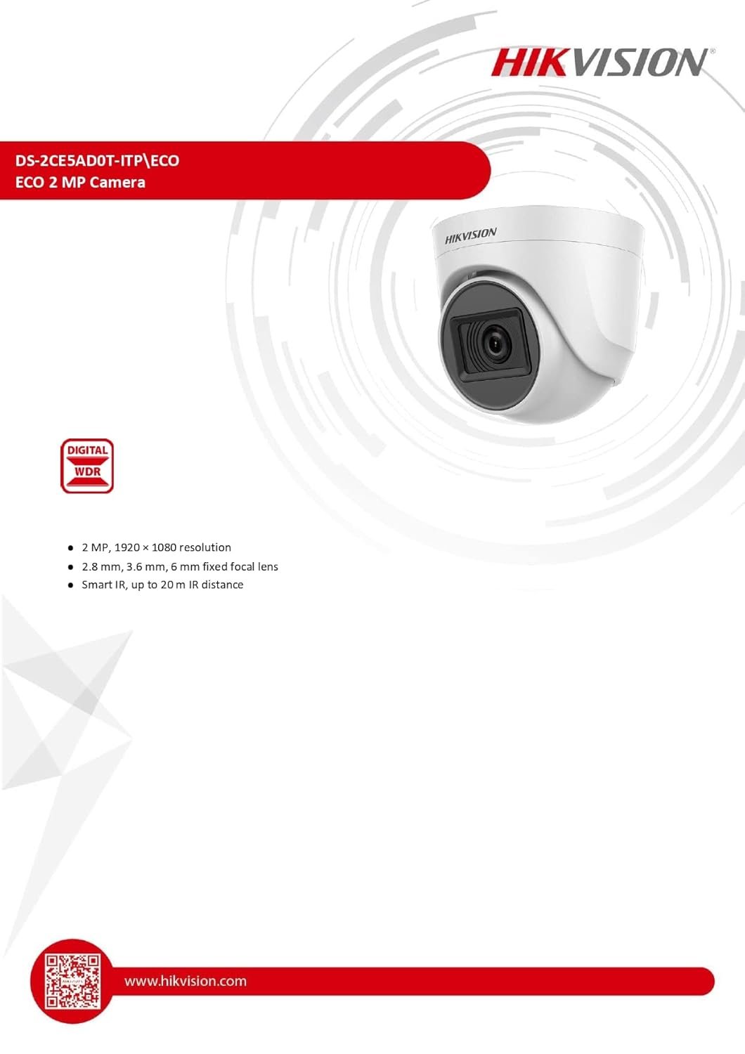 Security Camera Hikvision DS-2CE5AD0T-ITP/ECO | 2MP 2.8mm 1080P IR Dome Camera, High performance, Night Vision, Upto 20m IR distance | White