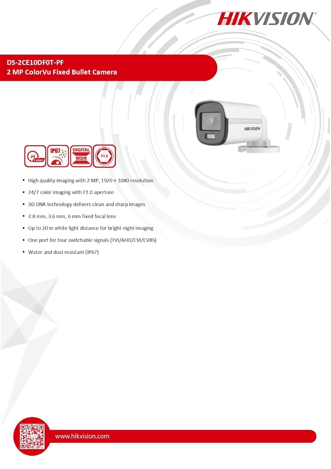 Security camera Hikvision DS-2CE10HFT-F | 5MP ColorVu Fixed Mini 3.6mm Bullet Camera, Clear imaging, 3D DNR technology | White