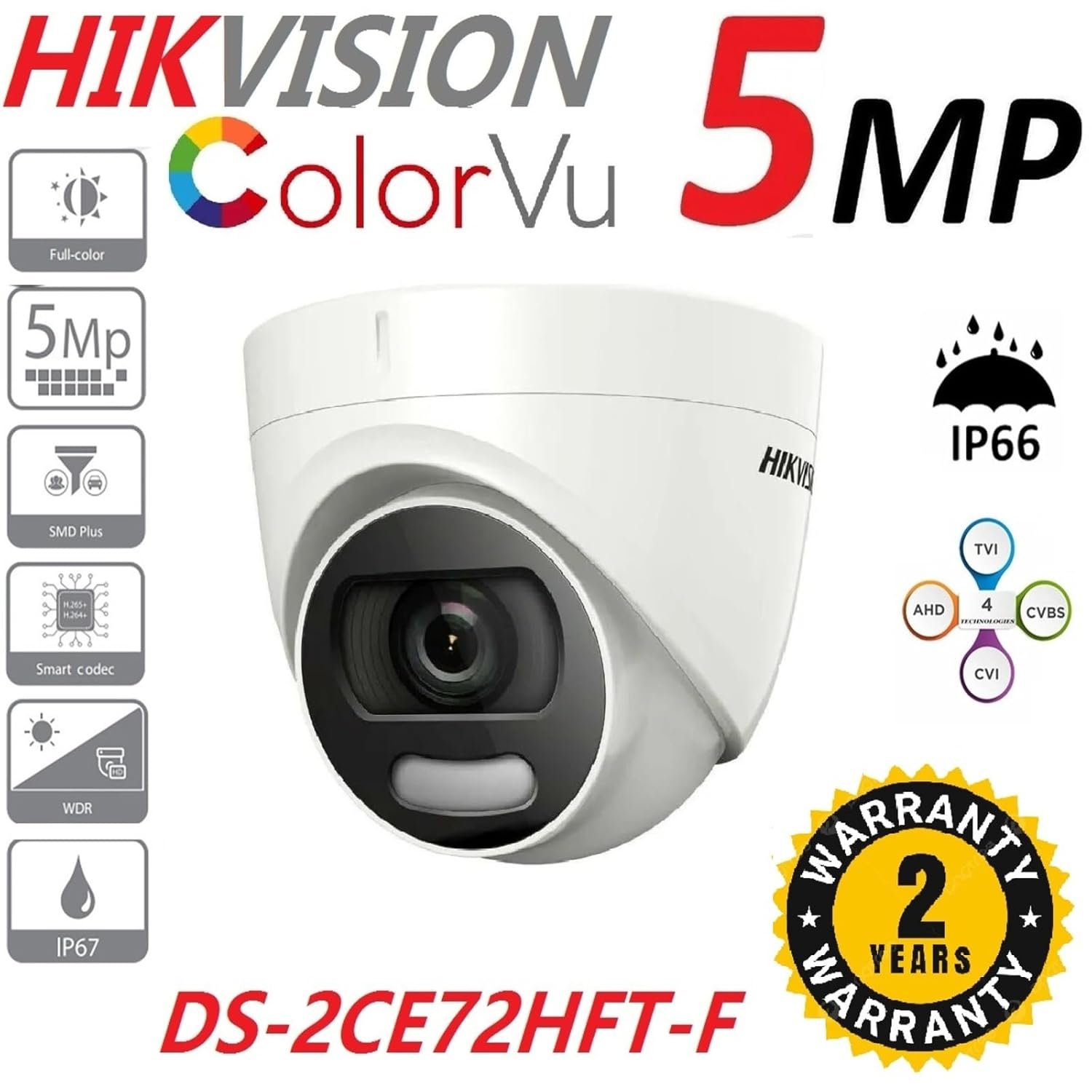 Security camera Hikvision DS-2CE72HFT-F | 5MP ColorVu Fixed Turret Camera, Clear imaging, 3D DNR technology, White