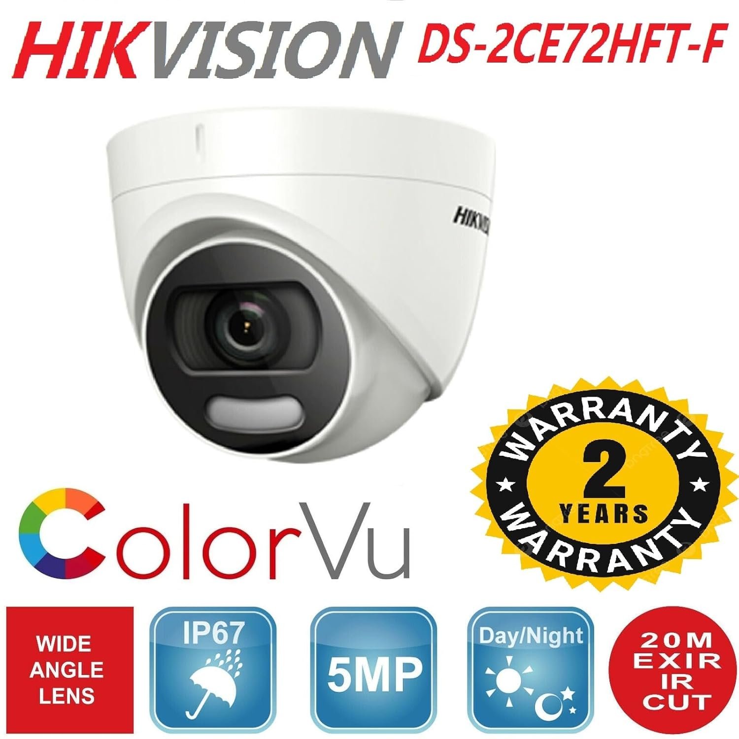 Security camera Hikvision DS-2CE72HFT-F | 5MP ColorVu Fixed Turret Camera, Clear imaging, 3D DNR technology, White