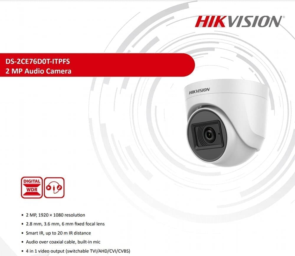 Security camera Hikvision DS-2CE76D0T-ITPFS | 2MP Audio Indoor Fixed Turret Camera, Dome with inbuilt Mic, White