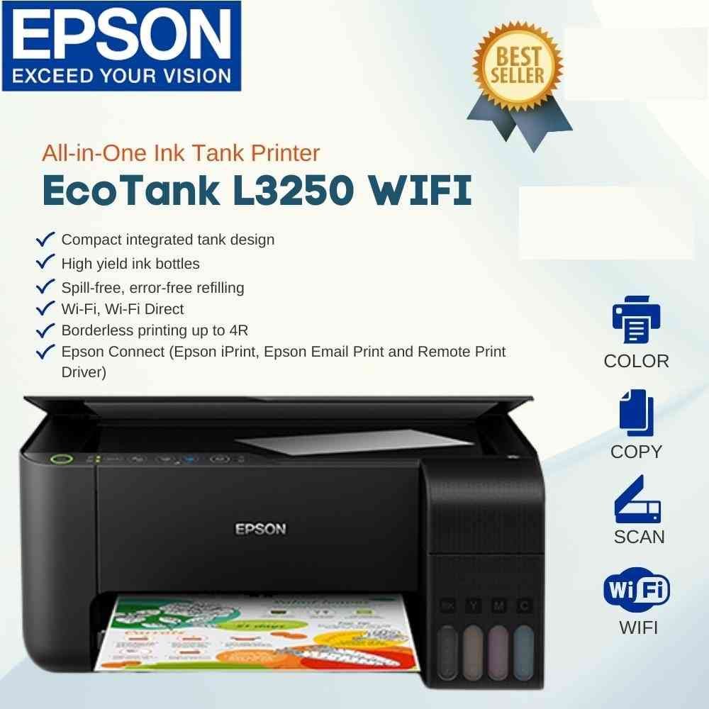 Printer Epson EcoTank L3250 | Color Printer, A4, Wi-Fi, All-in-One Ink Tank, Print / Scan / Copy | Cost Per Print 9 Paisa (Black)* & 24 Paisa (Colour)*, (Printer Color: Black)