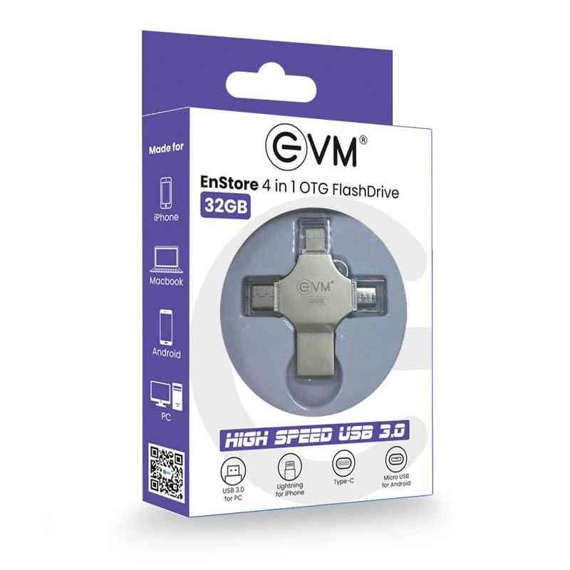 Pendrive EVM 32GB EnStore 4 in 1 OTG USB 3.0 Flashdrive | High-Speed USB 3.0, Read Speed 100Mb/s & Write Speed 25Mb/s, Transfer Files Between USB-A, Compatible with All Smartphones, Silver