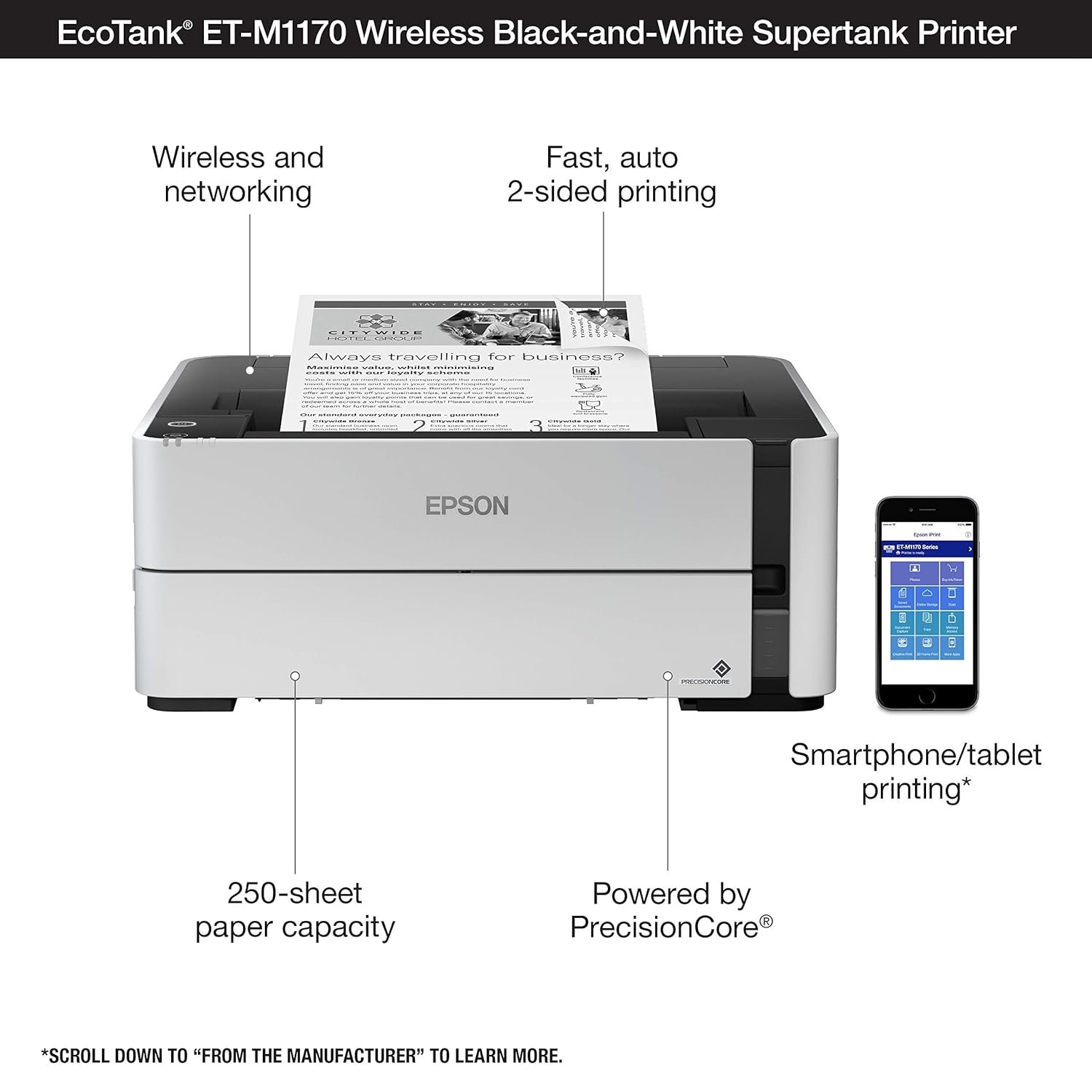 Printer Epson EcoTank Monochrome M1170 Wi-Fi InkTank Printer | Compact Integrated Tank Design, Duplex Printing, Spill-Free, Error-Free Refilling, White