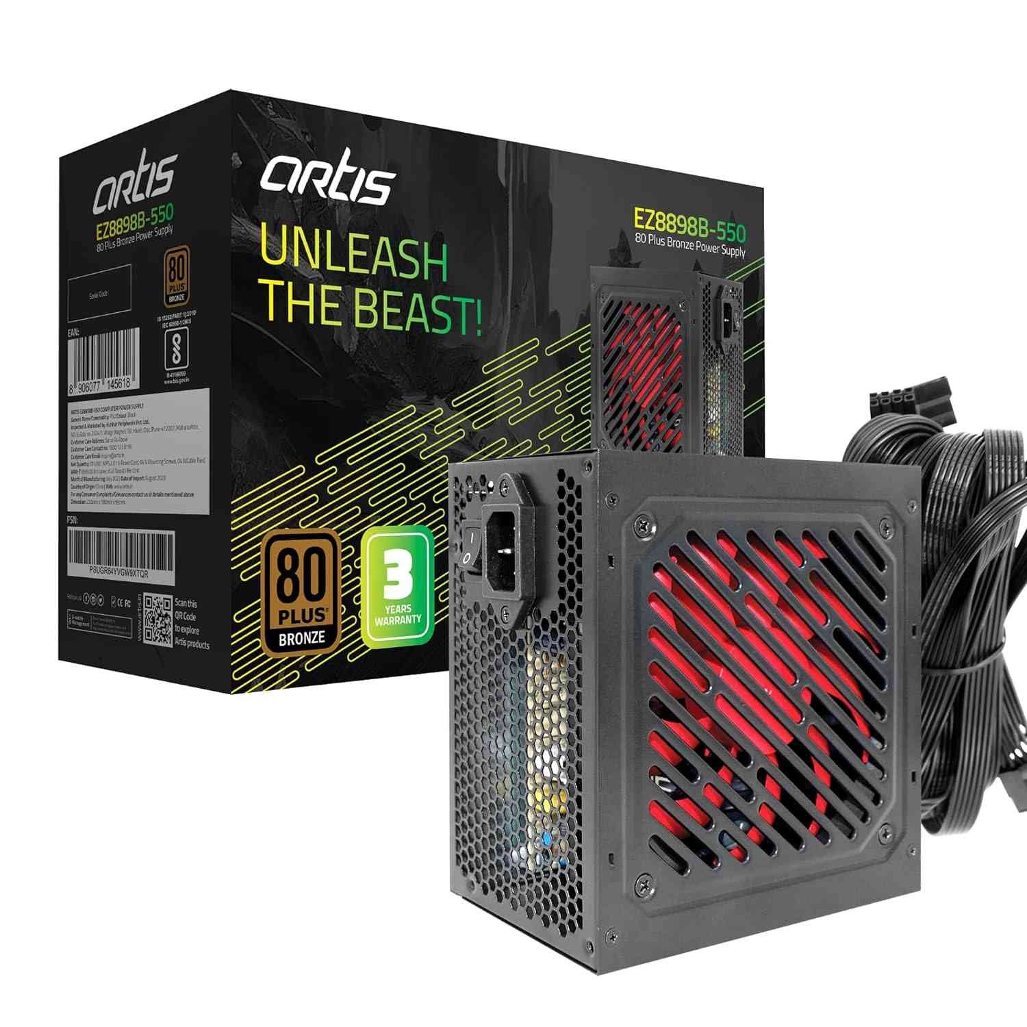 Power Supply Smps Artis EZ8898B-550 | 550W, 80 Plus Bronze Power Supply Unit with 12CM Thermally Controlled Silent Fan & DC to DC Technology, Black