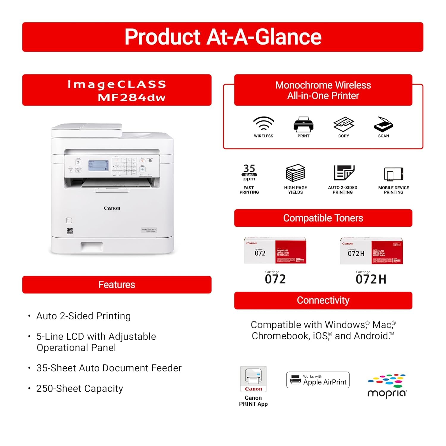 Printer Canon Image Class MF284DW | Monochrome, Duplex, Wireless Laser Printer, Multifunction with Print, Scan, Copy, Auto Document Feeder, Upto 33 Prints Per Minute, For Home & Small Offices, White