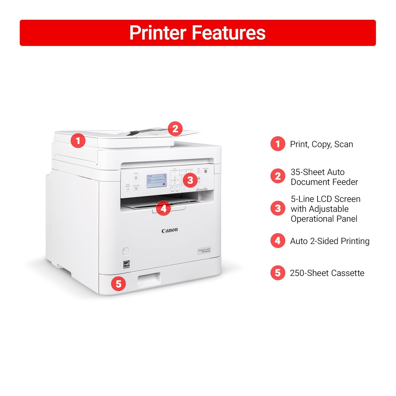Printer Canon Image Class MF284DW | Monochrome, Duplex, Wireless Laser Printer, Multifunction with Print, Scan, Copy, Auto Document Feeder, Upto 33 Prints Per Minute, For Home & Small Offices, White