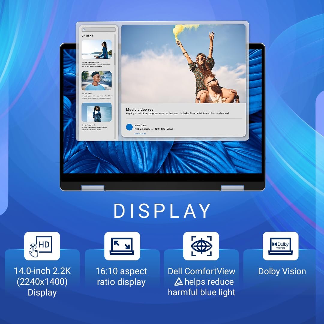 Laptop Dell Inspiron 14 7440 2-in-1 | 14″ FHD+ touch (250 nits, ComfortView), Intel Core 5 120U, 16GB DDR5 RAM, 512GB NVMe SSD, Intel graphics, Windows 11 + Office 2021, backlit keyboard, fingerprint reader, Active Pen, Ice Blue, 1.75 kg, includes bag.