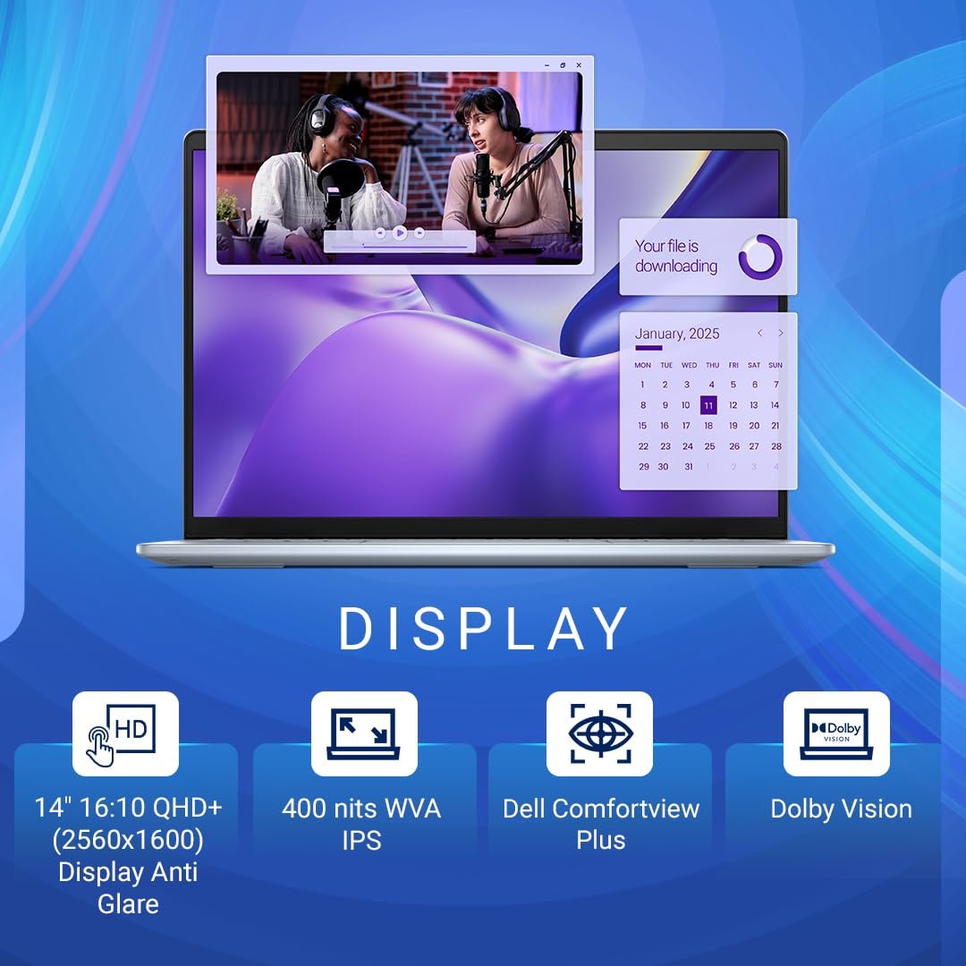 Laptop Dell Inspiron 14 7441 Snapdragon X Plus, 16GB RAM, 512GB SSD, 14" QHD+ touch, Adreno GPU, Win11+Office, 1.4kg, backlit KB, fingerprint, Ice Blue.