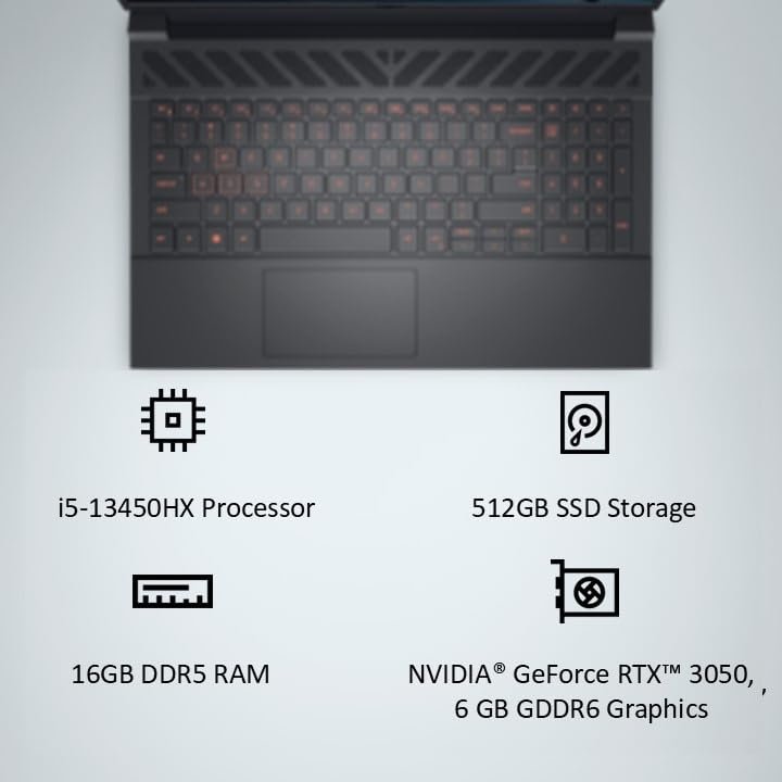 Laptop Dell G15 5530 Gaming | 15.6″ FHD 120Hz display (250 nits) with RTX 3050 6GB graphics. Powered by Intel Core i5-13450HX, 16GB DDR5 RAM, 512GB SSD. Includes Windows 11, Office H&S 2024, M365, RGB keyboard, backpack, Dark Shadow Gray.