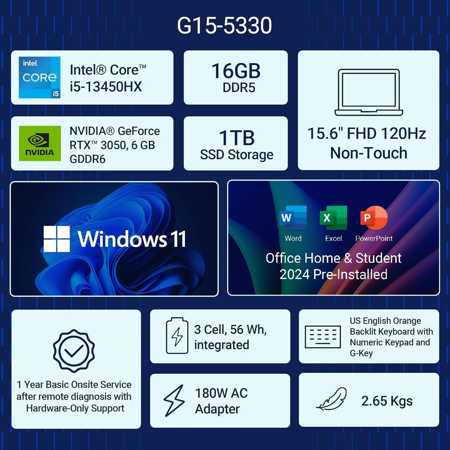 Laptop Dell G15 5530 Gaming | 15.6″ FHD 120Hz display (250 nits) with RTX 3050 6GB graphics. Powered by Intel Core i5-13450HX, 16GB DDR5 RAM, 512GB SSD. Includes Windows 11, Office H&S 2024, M365, RGB keyboard, backpack, Dark Shadow Gray.