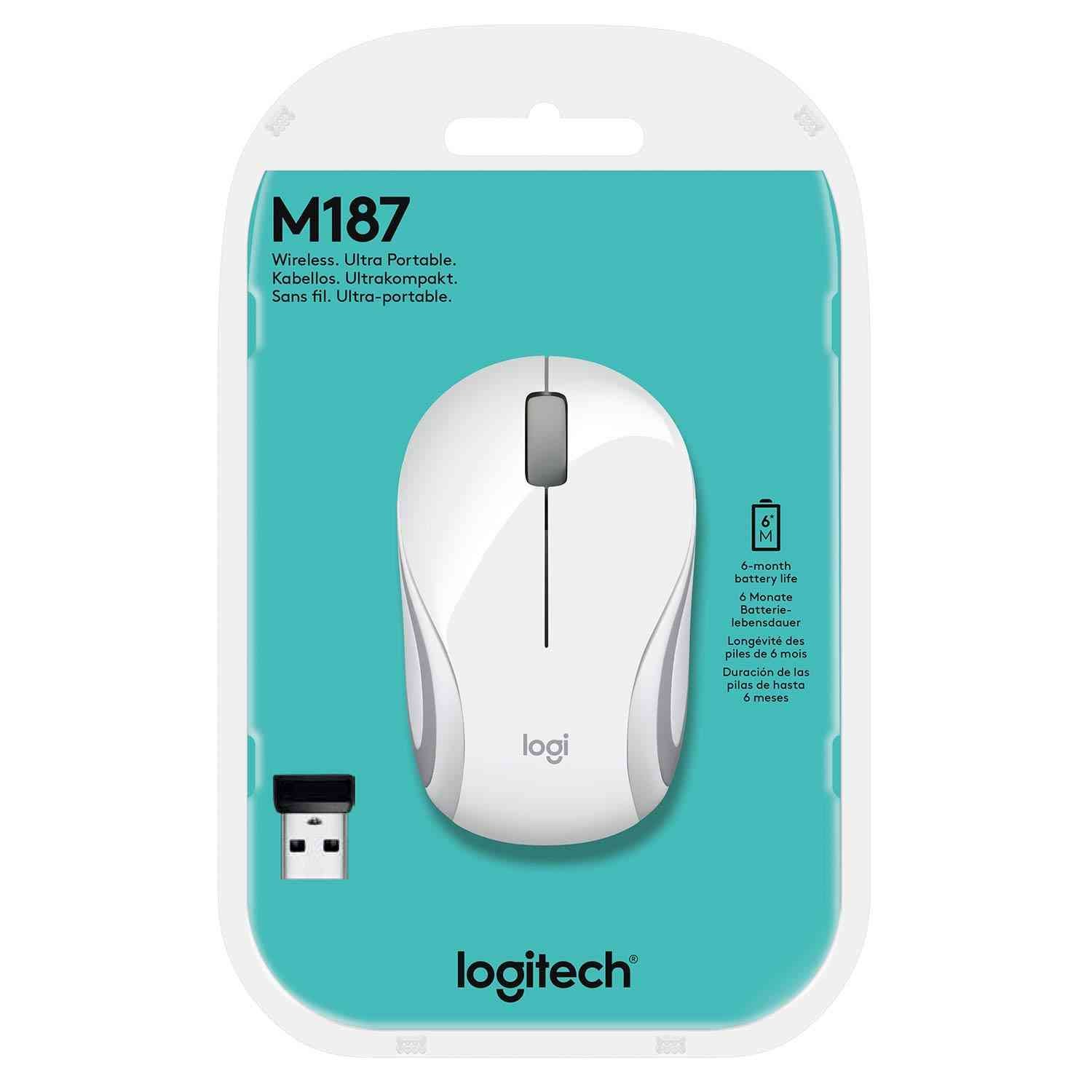 Mouse Logitech M187 Ultra Portable Mini Wireless, 2.4 GHz with USB Receiver, 1000 DPI Optical Tracking, 3-Buttons, PC/Mac/Laptop | White