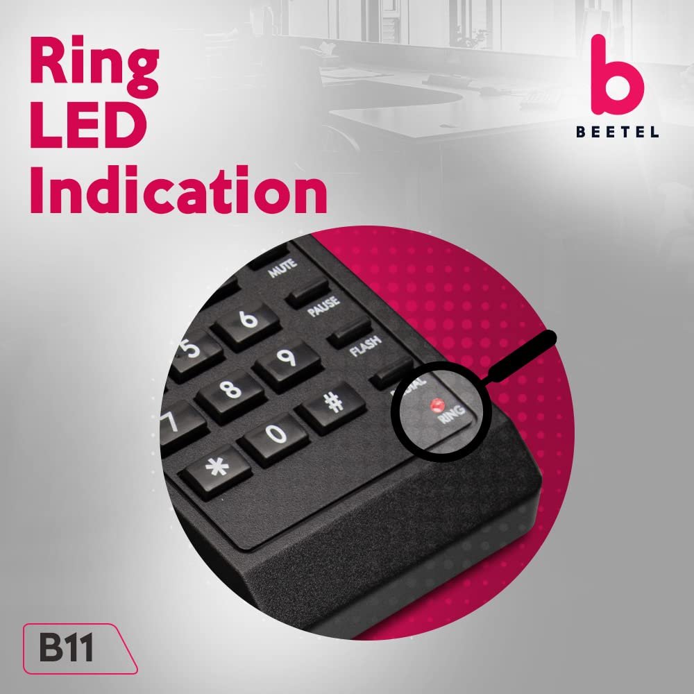 Landline Phone Beetel B11 Corded Phone, Ringer Volume Control, LED for Ring Indication, Wall/Desk Mountable, Clear Call Quality, Mute/Pause/Flash/Redial Function, Color: Black