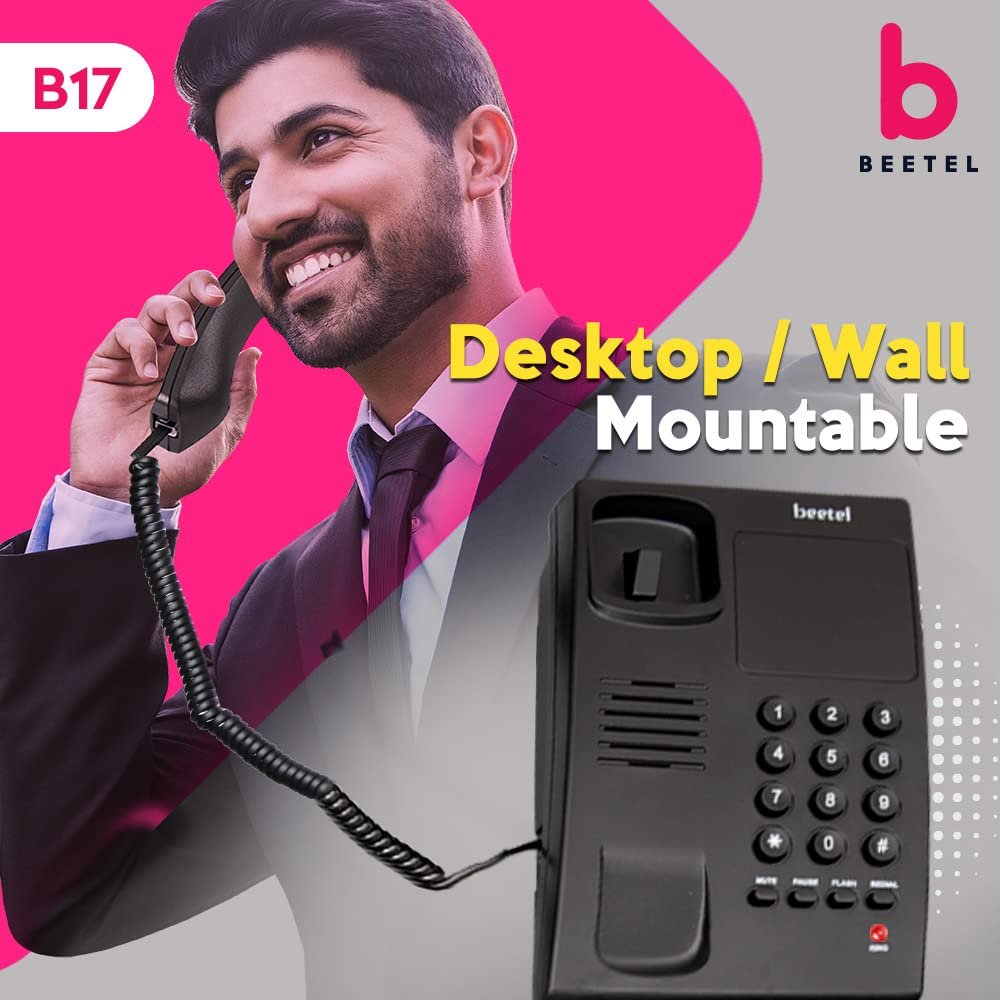 Landline Phone Beetel B17N | Corded, Ringer Volume Control, LED for Ring Indication, Wall/Desk Mountable, Elegant Design, Clear Call Quality, Mute/Pause/Flash/Redial Function | Black