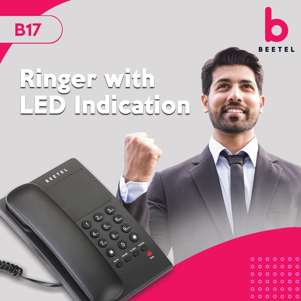 Landline Phone Beetel B17N | Corded, Ringer Volume Control, LED for Ring Indication, Wall/Desk Mountable, Elegant Design, Clear Call Quality, Mute/Pause/Flash/Redial Function | Black