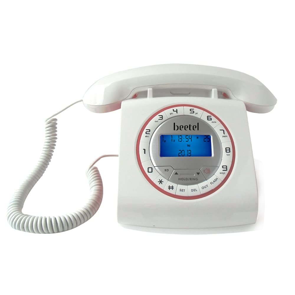 Landline Phone Beetel M73 Retro | Caller ID, Corded Phone with 16 Digit LCD Display, Retro Design, Alphanumeric Keypad, 2-Way Speaker Phone, Adjustable Ringing (White & Red)