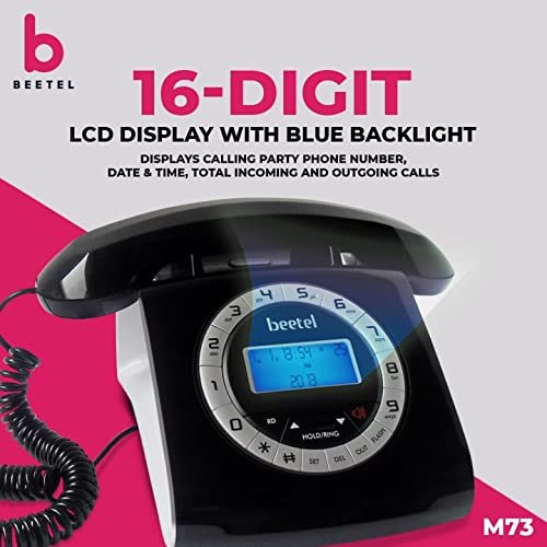 Landline Phone Beetel M73 Retro | Caller ID, Corded Phone with 16 Digit LCD Display, Retro Design, Alphanumeric Keypad, 2-Way Speaker Phone, Adjustable Ringing (Black & White)