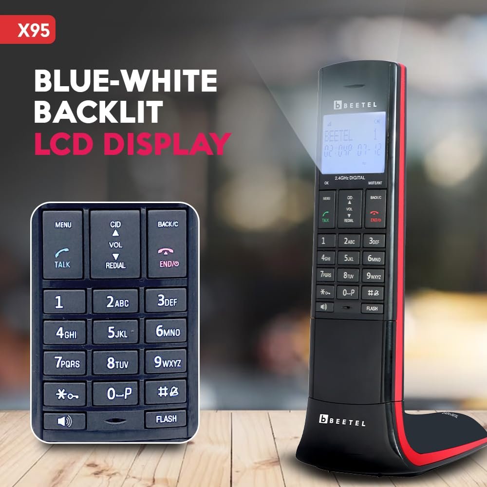 Landline Phone Beetel X95 2.4GHz Flagship Designer Cordless landline, Dual Tone, Blue-White LCD, 2-Way Speaker Phone, Ringer & Volume Control, Auto Answer, Alarm, Black/Red
