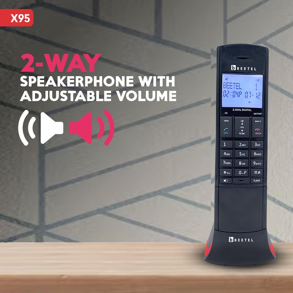 Landline Phone Beetel X95 2.4GHz Flagship Designer Cordless landline, Dual Tone, Blue-White LCD, 2-Way Speaker Phone, Ringer & Volume Control, Auto Answer, Alarm, Black/Red
