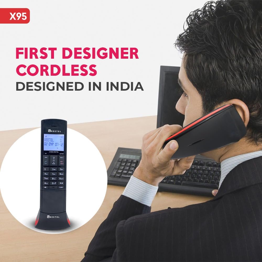 Landline Phone Beetel X95 2.4GHz Flagship Designer Cordless landline, Dual Tone, Blue-White LCD, 2-Way Speaker Phone, Ringer & Volume Control, Auto Answer, Alarm, Black/Red