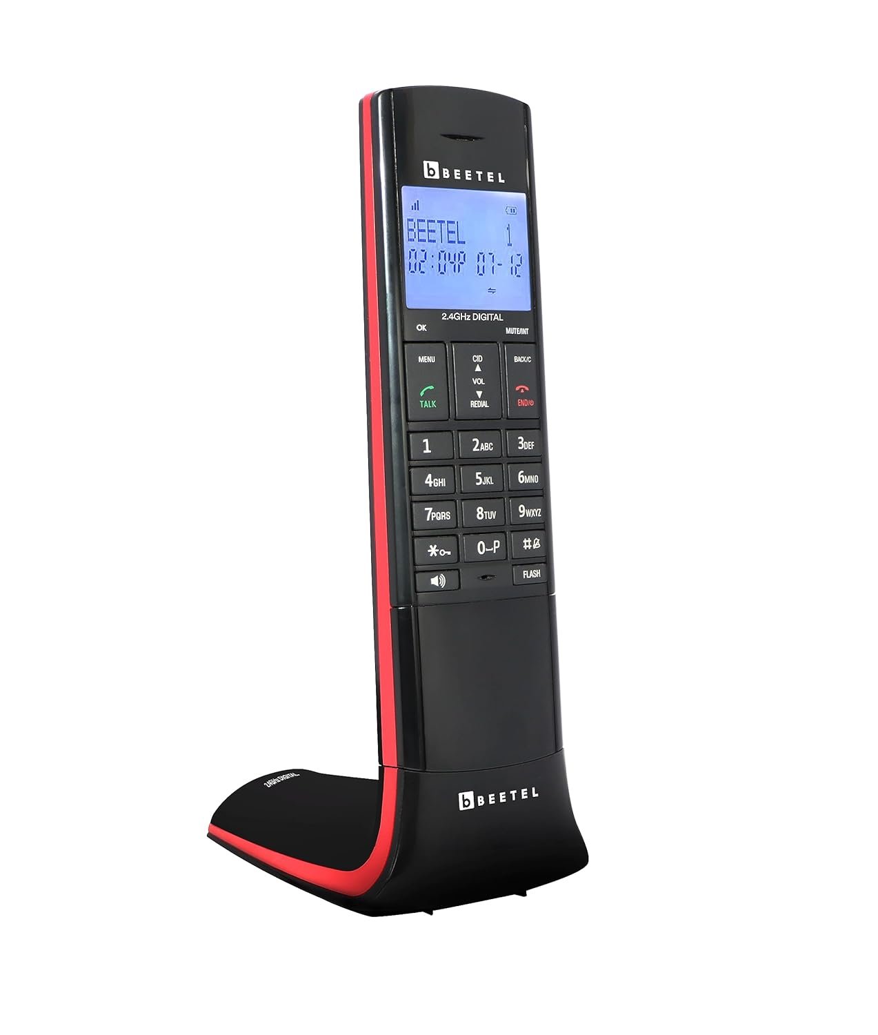 Landline Phone Beetel X95 2.4GHz Flagship Designer Cordless landline, Dual Tone, Blue-White LCD, 2-Way Speaker Phone, Ringer & Volume Control, Auto Answer, Alarm, Black/Red