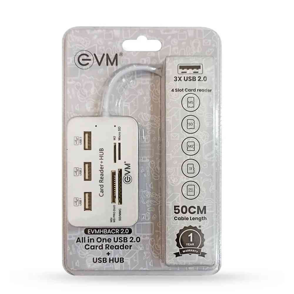 Hub EVM ALL IN 1 USB 2.0 Hub + Card Reader EVM HBACR 2.0 | Supports Card Type SD/MMC Micro SD / MS PRO DUO/ M2, White
