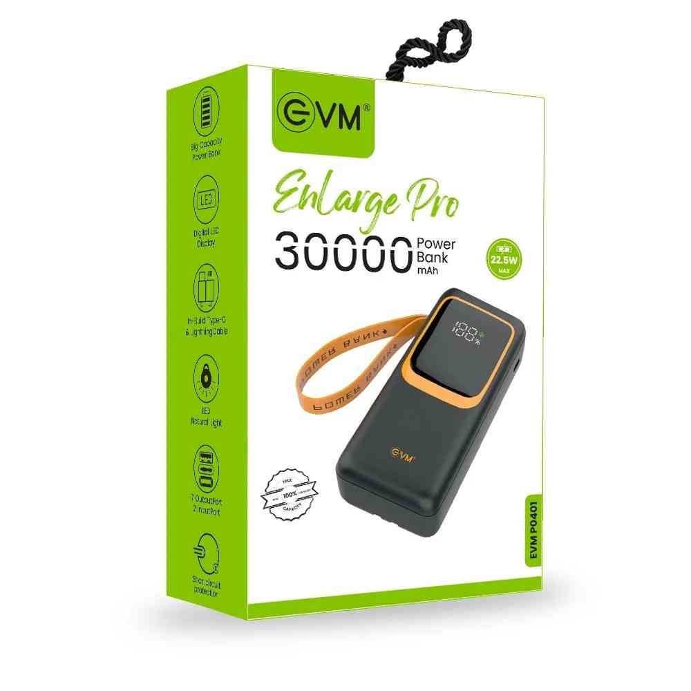Power Bank EVM Enlarge Pro EVM-P0401 | 30000MAH 22.5W, Digital LED Display, Short Circuit Protection, LED Natural Light, 7 Output Port & 2 Input Port, Black