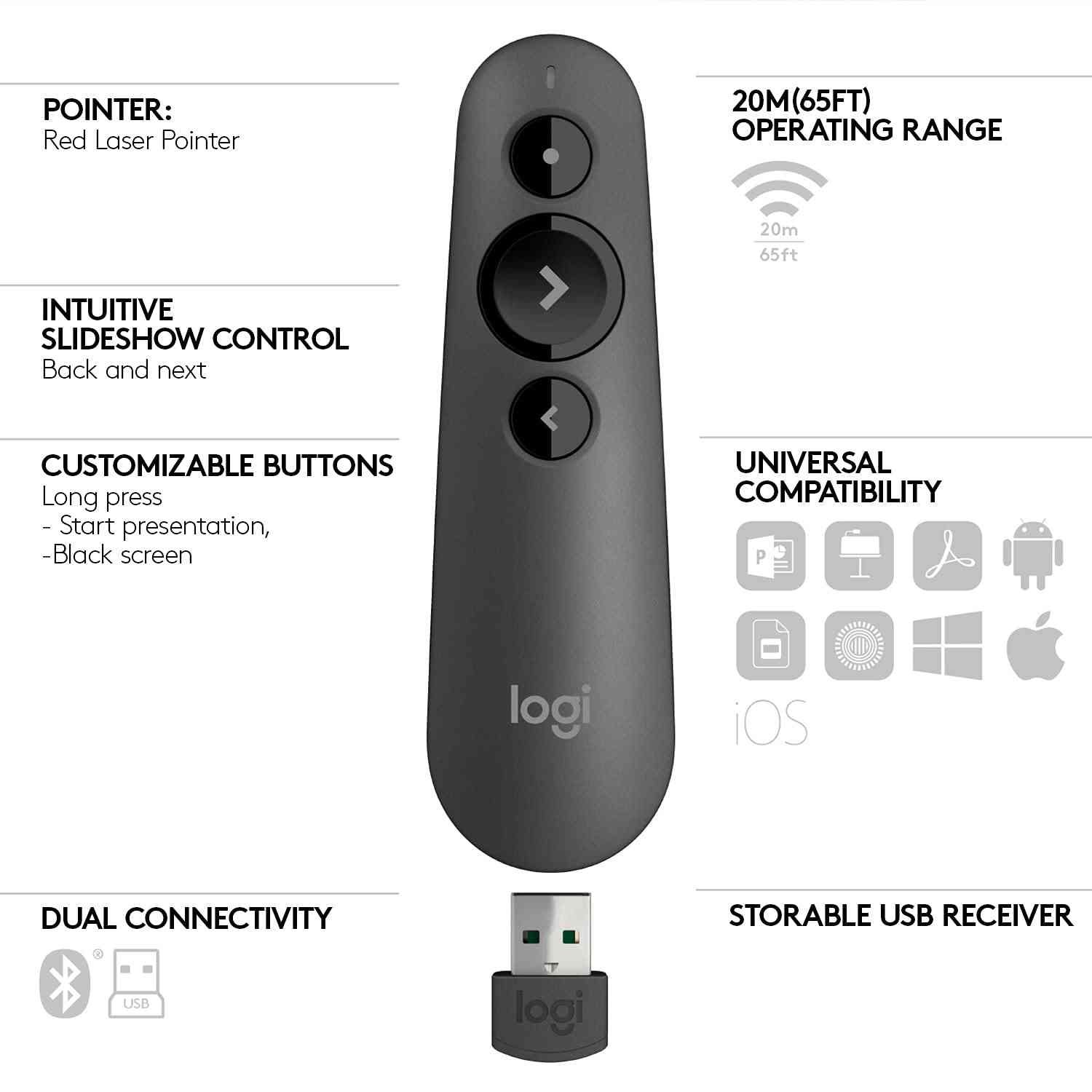 Presenter Logitech R500s Laser Class 1 Presenter Bluetooth and USB / Presentation Clicker - Universal Compatibility, 20m Range, Customisable, Smart Battery 12 Months Usage - Black