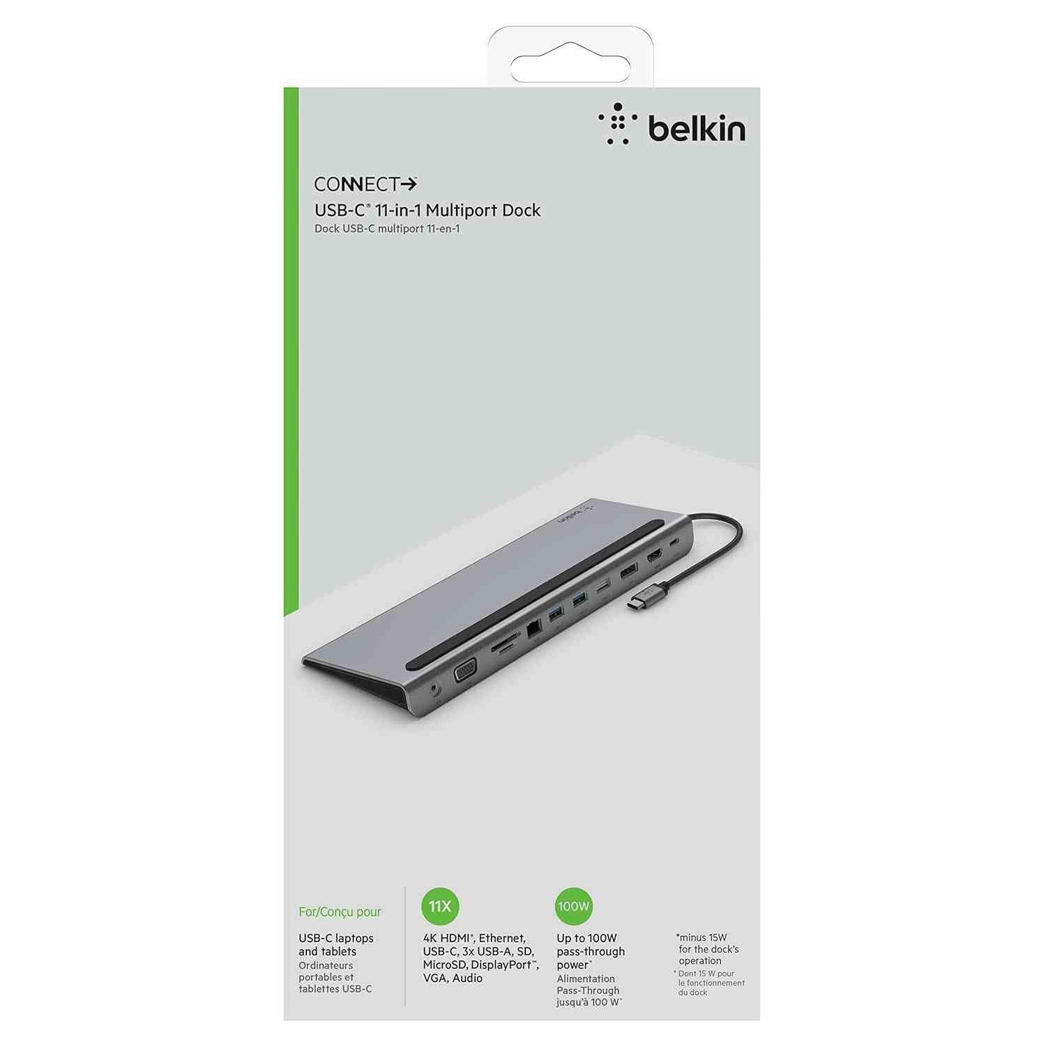 Hub Belkin USB C Type | 11-in-1 MultiPort Adapter Dock with 4K HDMI, DP, VGA, USB-C 100W PD Pass-Through Charging, 3 USB A, Gigabit Ethernet, SD, MicroSD, 3.5mm Ports for MacBook Pro, Air, XPS and More