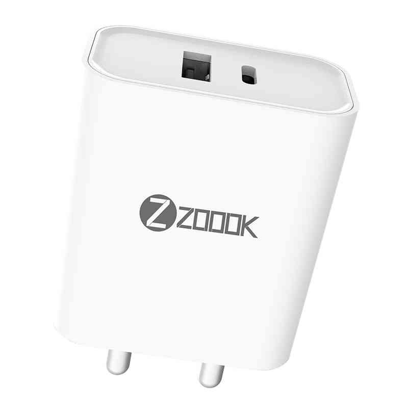Charger Zoook ZK-TurboCharge-3 | 25W QC & PD Charger, 1 USB 3.0 Type A & 1 Type C output for PD charge | Universal compatibility, Quick Charge, Overload + OverCharge + Over Voltage + Short-Circuit Protection, Without Cable, White