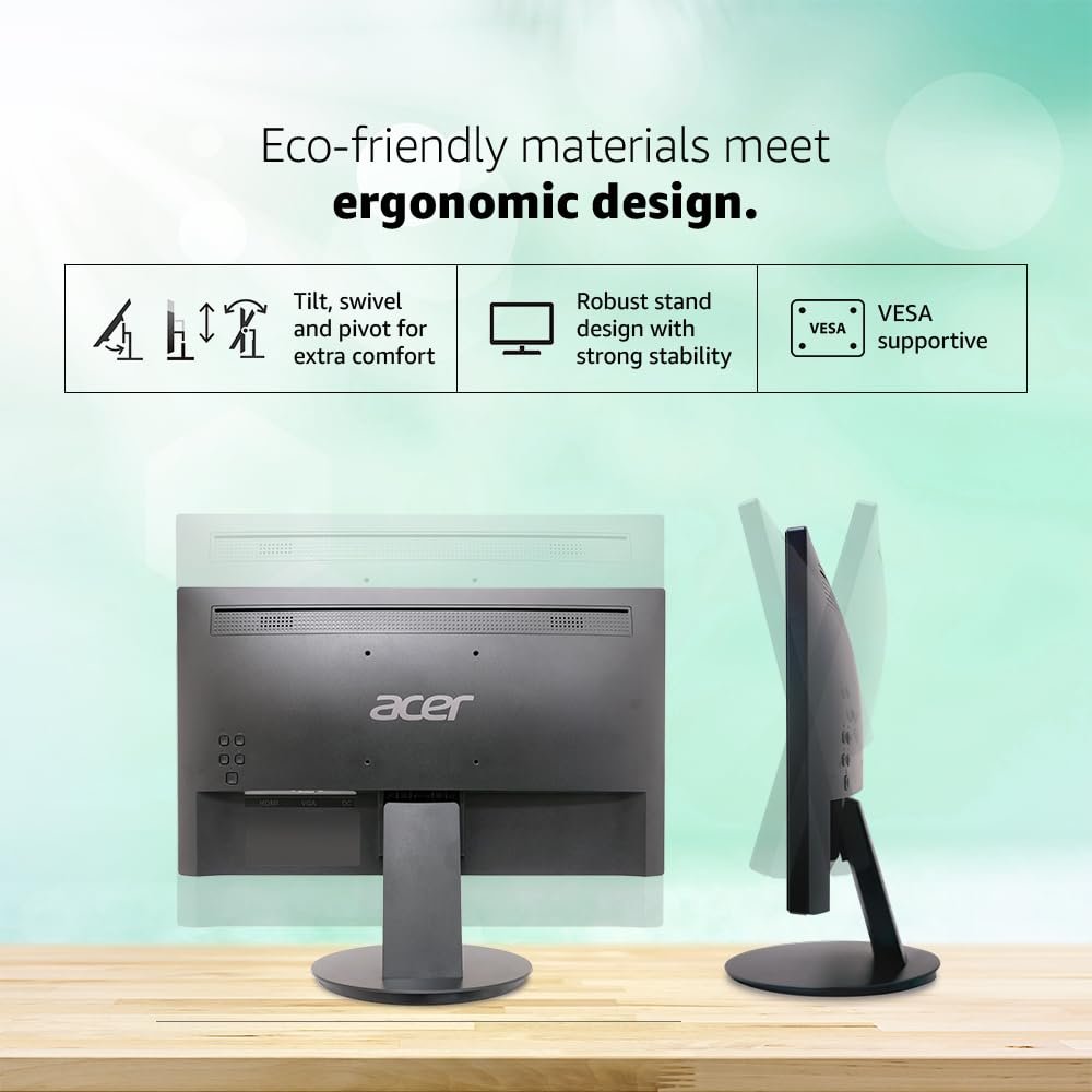 Acer K202QMBI 19.5-inch Monitor (UM.IE0SI.001) | HD+ 1600x900 LCD with LED backlight, 200 nits brightness, 6ms response time, 75Hz refresh rate, VGA & HDMI ports, HDMI cable included, eye care features, tilt & wall mount support, black.