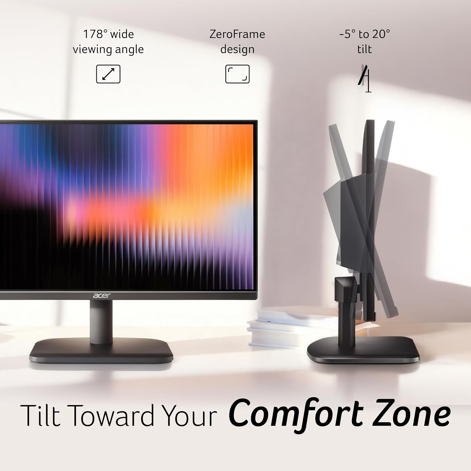 Monitor Acer EK220QJ0BI 21.5-inch | Full HD IPS/VA LED display, 120Hz refresh rate, 1ms VRB, AdaptiveSync, 99% sRGB, Flicker-Less, BlueLight Shield, ZeroFrame, HDMI + VGA, tilt adjustable, black.