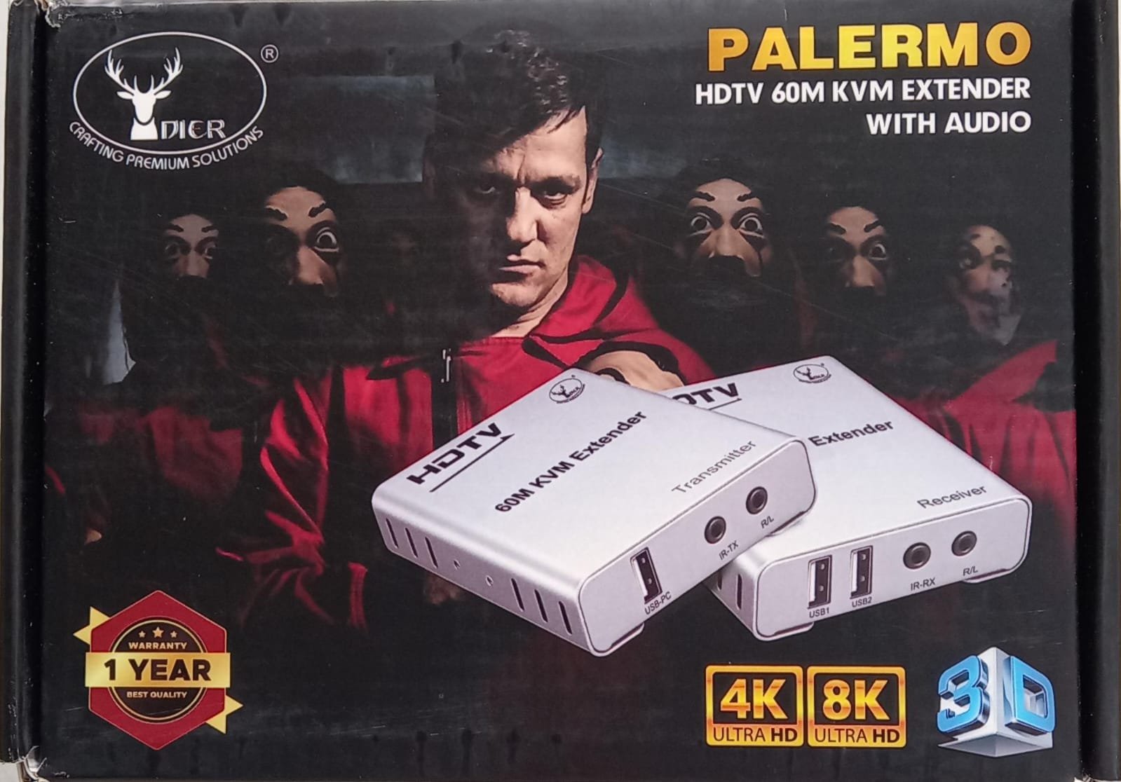 Cable KVM Extender HDMI Dier PALERMO 60Mtr With Audio Output | 4K 8K Ultra HD 3D, IR Control Support USB Mouse & Keyboard Extension Over cat5e cat6 Cable, Video Resolution upto 1080p, With Adaptor