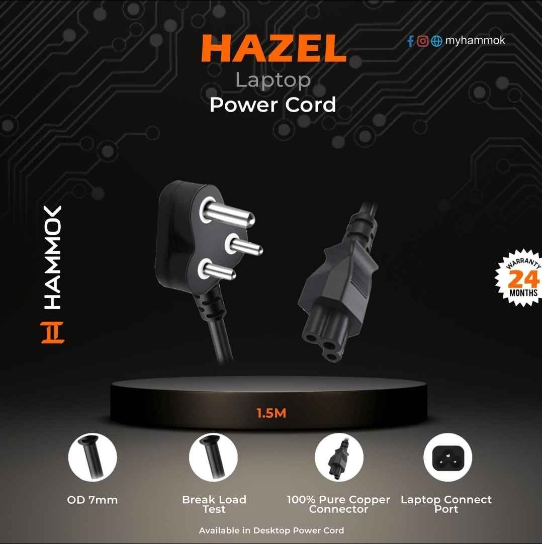 Power Cord Hammok Hazel 3 Pin To 3 Pin 1.5mtr Laptop Power Cord | Compatible with Computers, Monitors, Laptop & Other Devices, Black