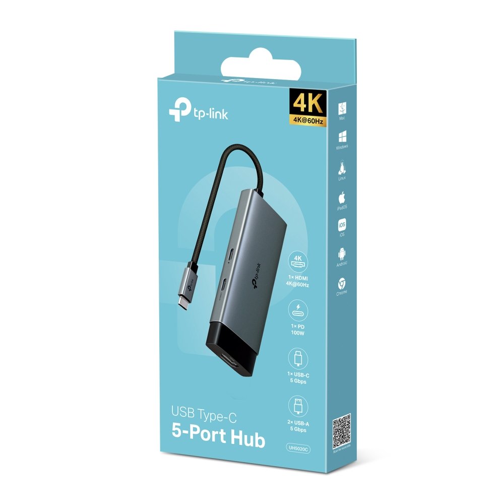 Cable Hub TP-Link UH5020C | USB Type-C 5 in 1 Hub, USB 3.0, 5Gbps Data Transfer, 2 x USB A, 1x USB C, HDMI 4K@60Hz, 100W PD 3.0 Fast Charging, Self-Storage, Braided Cable, Compact & Elegant Design, Plug & Play, Grey