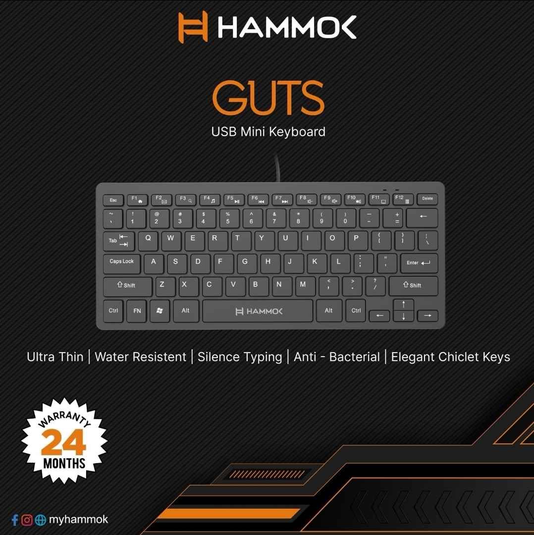 Keyboard Hammok Guts Mini USB Small Computer Wired Keyboard | Slim Compact External Keyboard For Laptop, Tablet, Windows, PC, Computer, Ultra Thin Design, Black
