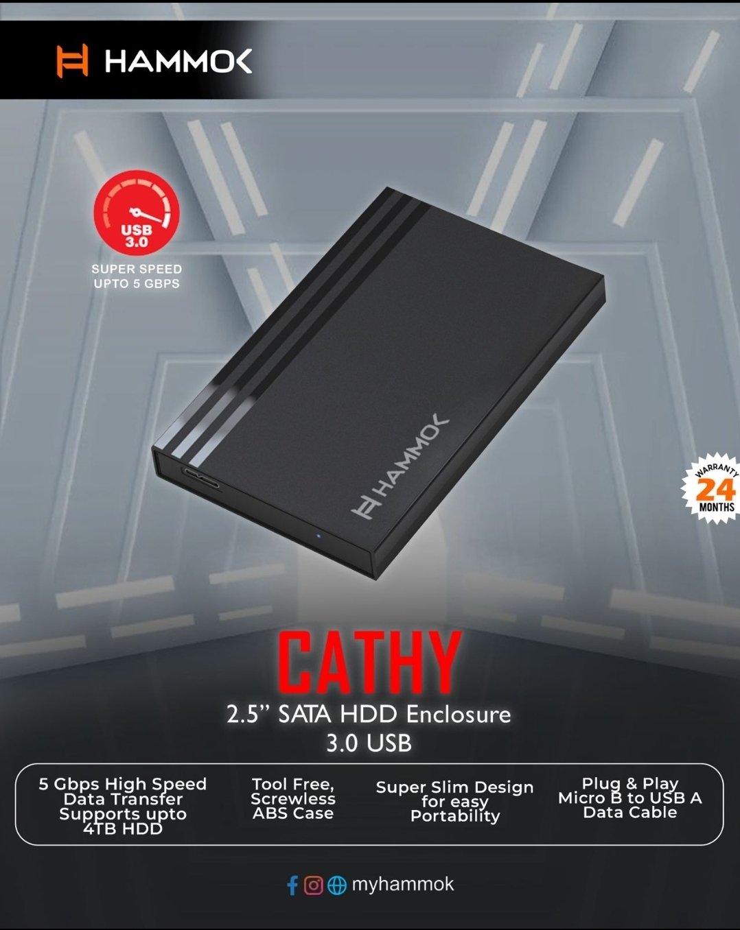 Casing Hammok Cathy 2.5 Inch Sata HDD USB 3.0 Enclosure | 5 Gbps High Speed Data Transfer, Supports Upto 6TB HDD, Screw Less Super Slim, Black