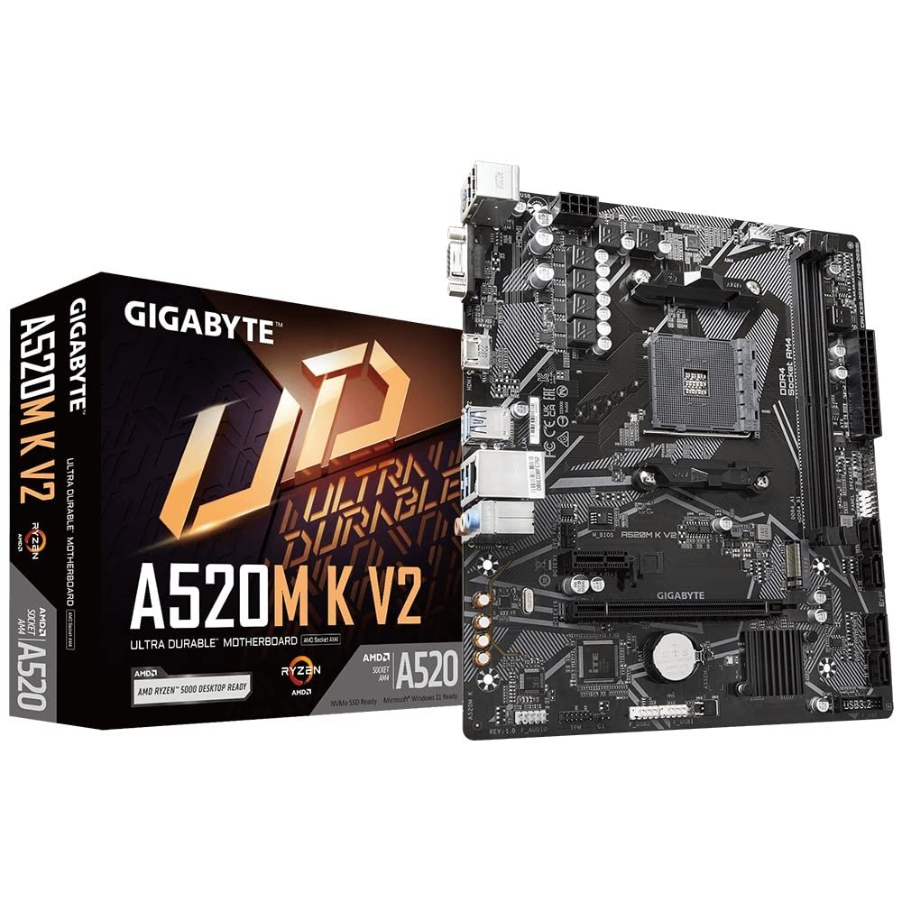 Motherboard Gigabyte AMD A520M K V2 | Ultra Durable Motherboard with GbE LAN with Bandwidth Management, Supports AMD Ryzen™ 5000 Series/ Ryzen™ 5000 G-Series/ Ryzen™ 4000 G-Series & Ryzen™ 3000 & Ryzen™ 3000 G-Series