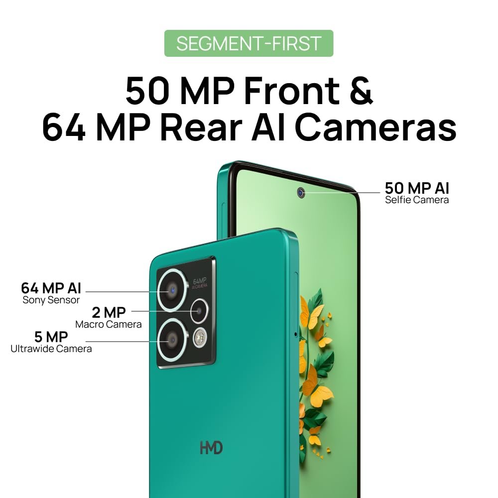 Smartphone HMD CREST MAX 5G TA-1641 DS | Segment 1st 50 MP Front Camera, Triple Rear AI Cam With 64 MP Primary Sony Sensor, FHD+ OLED Display, 8GB RAM & 256GB Storage, Android 14, 33W Fast Charger in Box, Aqua Green