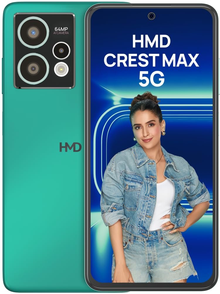 Smartphone HMD CREST MAX 5G TA-1641 DS | Segment 1st 50 MP Front Camera, Triple Rear AI Cam With 64 MP Primary Sony Sensor, FHD+ OLED Display, 8GB RAM & 256GB Storage, Android 14, 33W Fast Charger in Box, Aqua Green